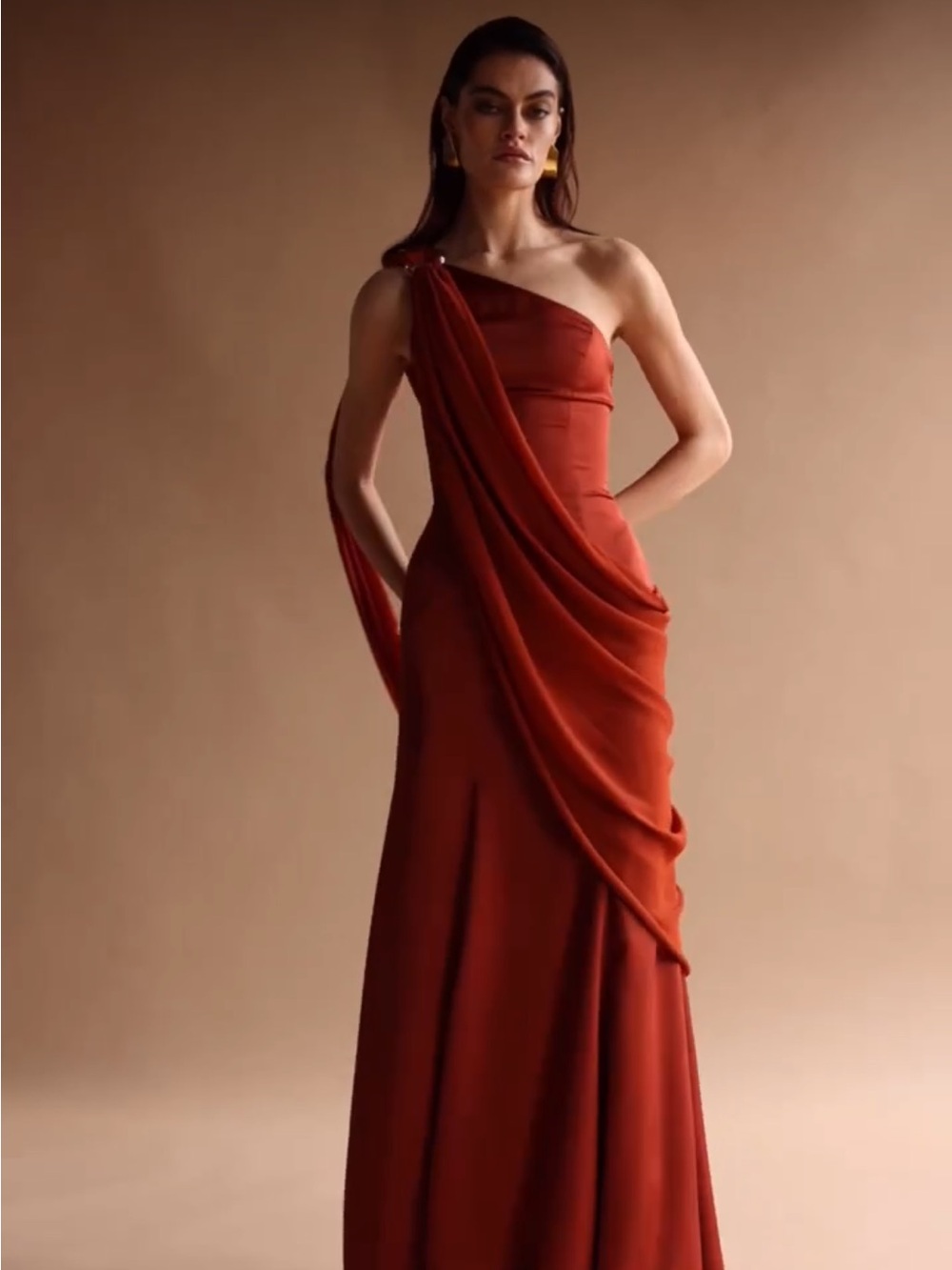 REVOLVE One-Shoulder Satin Gown in Rust - Picture 2 of 5